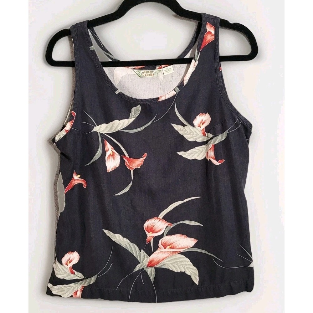 Vtg Tommy Bahama Women's Top Sz M  Navy Blue Floral Print 100% Silk Tropical